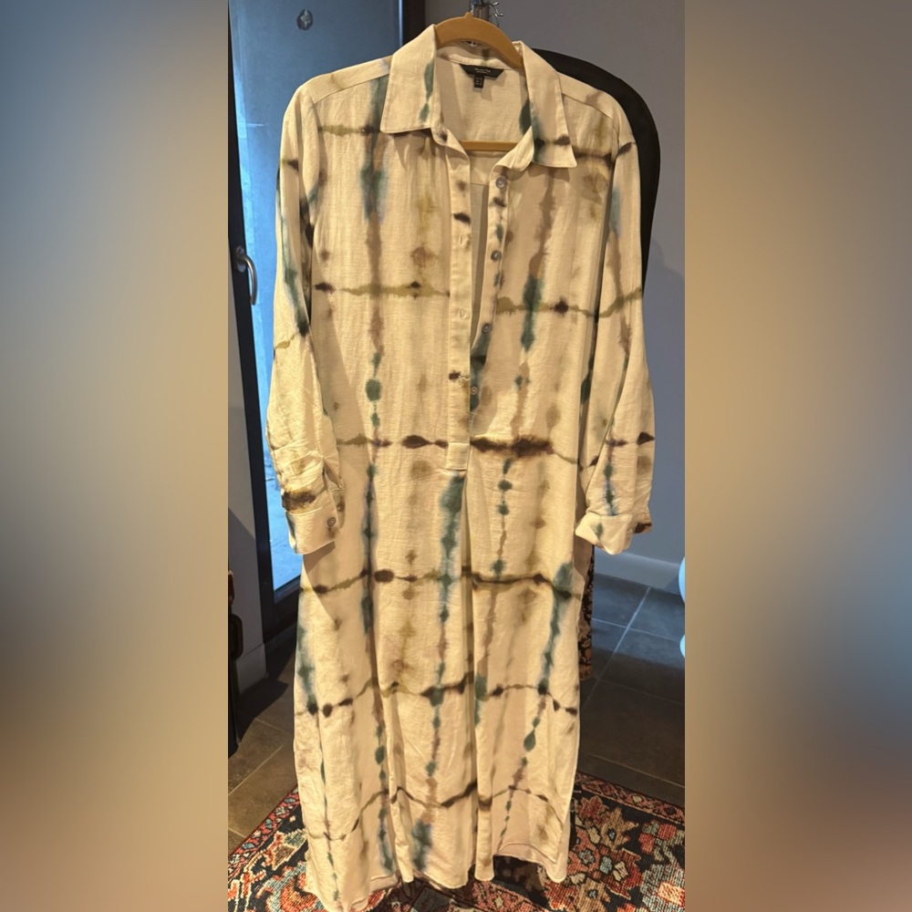 Massimo Dutti Cream Midi Dress with Teal & Brown Tie-Dye